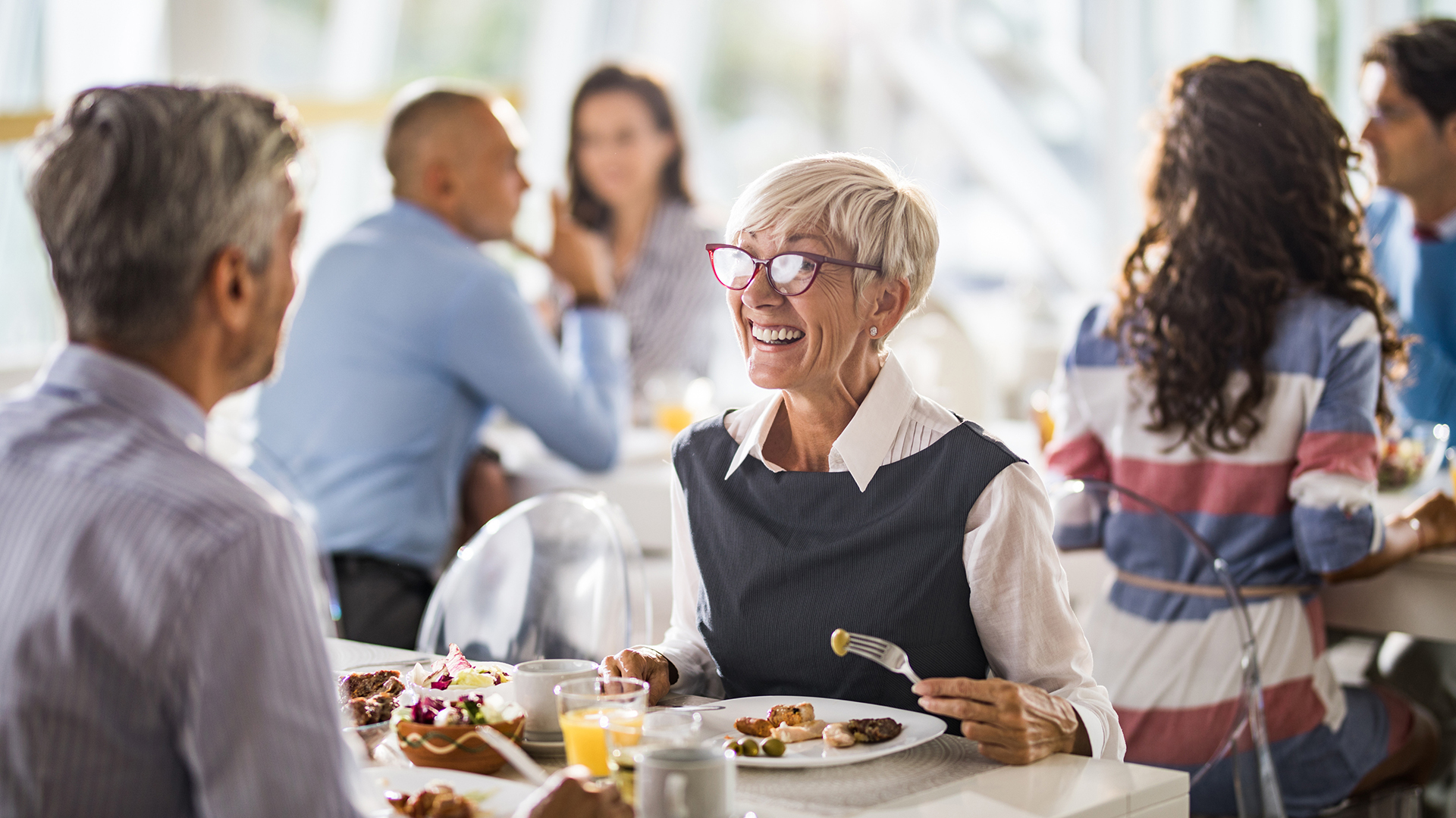 senior couple out at a restaurant talking