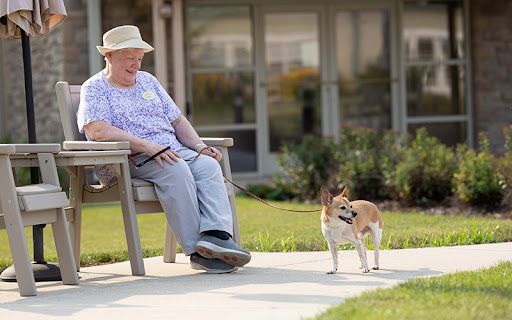 senior woman outside in a park with her dog